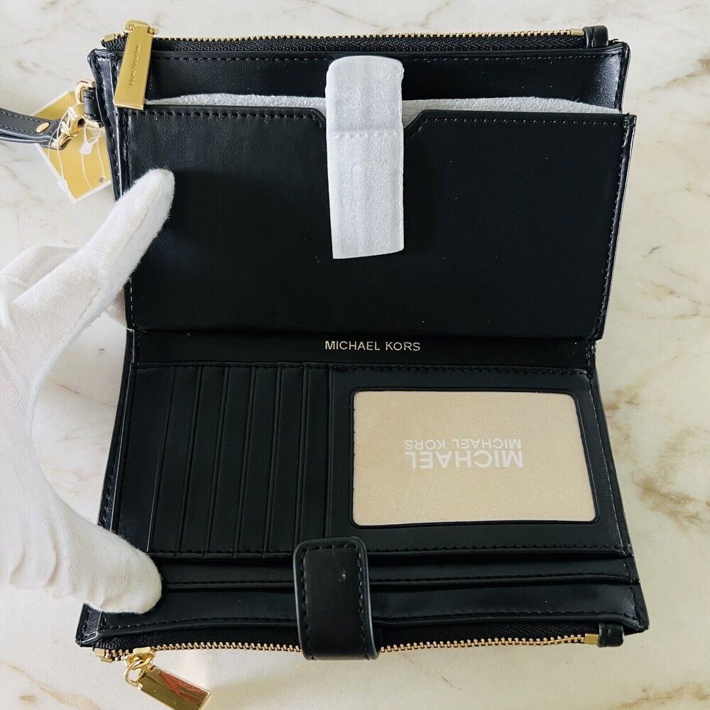 MICHAEL KORS Jet Set Black Multi Leather Logo Print Double Zip Wallet Wristlet - Picture 6 of 9